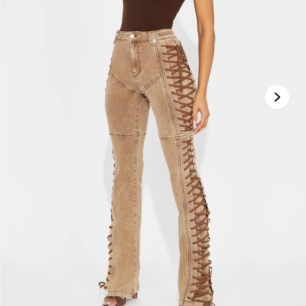 Fashion Nova After Hours Lace Up Flare Pant- Khaki
